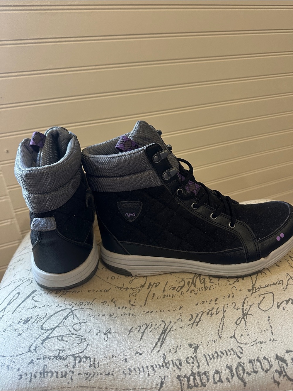 Ryka Black and Gray Quilted Ankle Booties with Purple Accents size 8